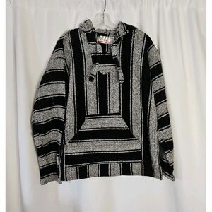 Mexican Baja Hoodie Jacket Drug Rug Pullover Size L Hippie Surf Poncho